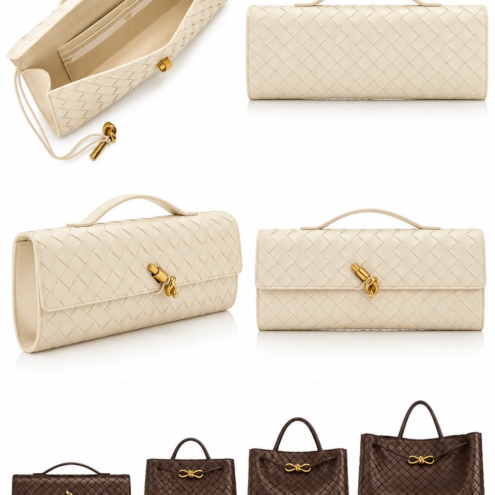 Handwoven Leather Clutch with Top Handle in Cream Bottega inspired